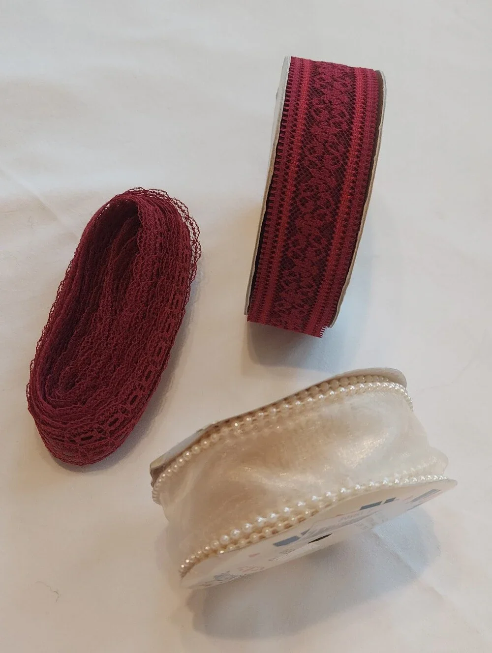 New Ribbon Lot, Baroque Burgandy Lace, Serenade Burgandy Lace, Pearl Trim Sheer